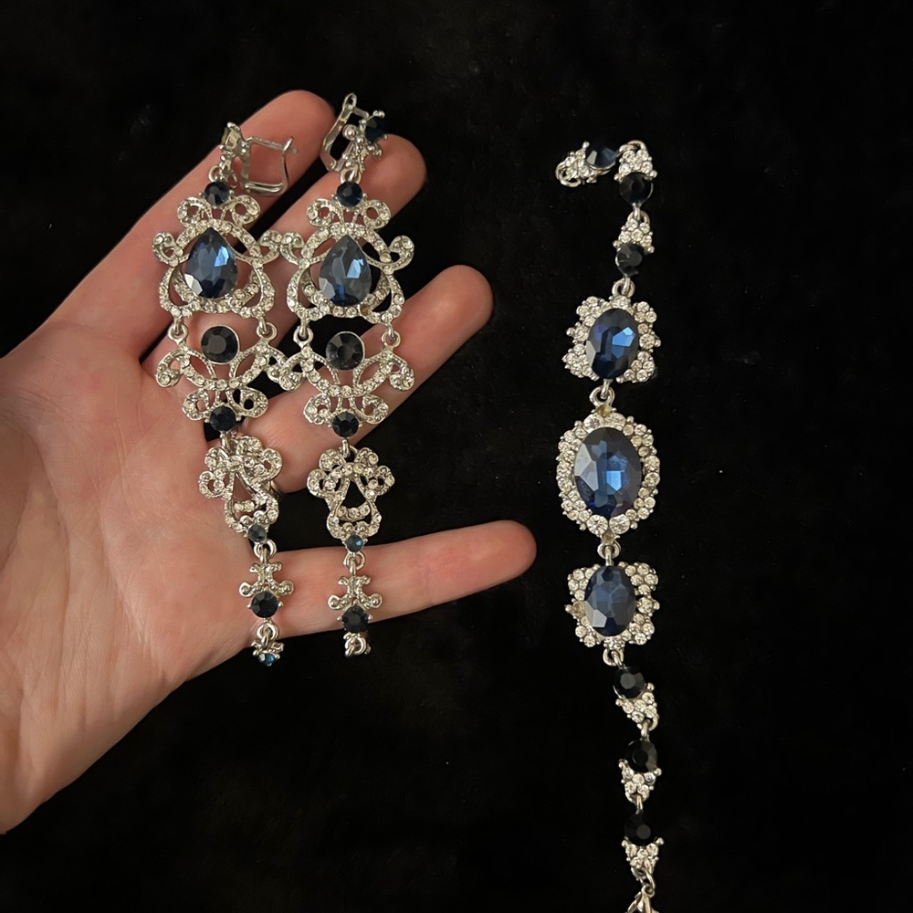 Silver and Blue Crystal Bracelet and earrings